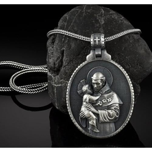 Fashion Vintage Catholic Saint Anthony Mens Pendant Necklace Christian Medal Chain Necklace