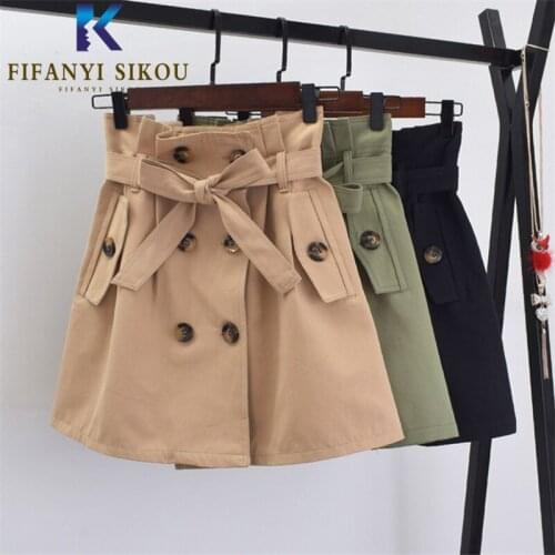 2020 Women High waist Skirt Fashion Double Breasted Lace up Casual Mini Skirt Spring Summer Womens Loose A-Line Short Skirts