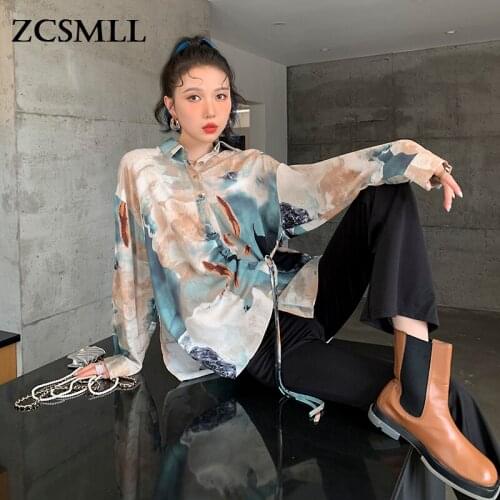 ZCSMLL Printed Vintage Oil Painting Loose Autumn Shirt Women 2021 New Fashion Long Sleeve Turn-down Collar Japanese Style Blouse