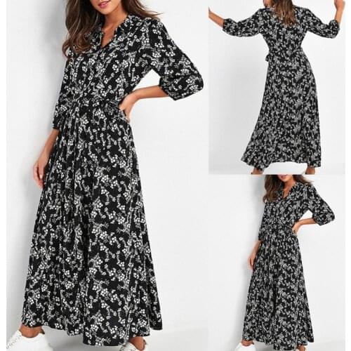 Elegant Party Dress 3/4 Sleeve Maxi Dress Turn Down Collar Women Floral Print V-neck Belt Dress Sundress Casual Maxi Long Dresse