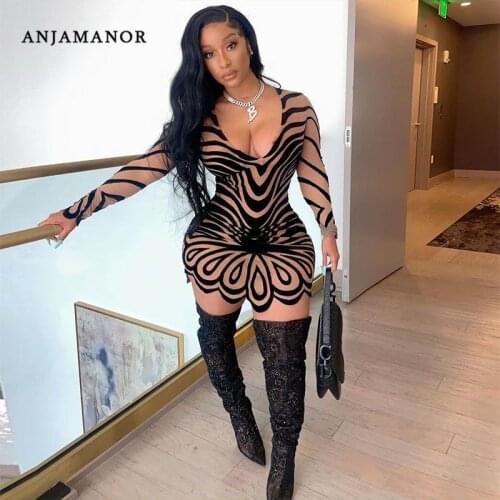 ANJAMANOR Geometric Print Irregular Long Sleeve Bodycon Mini Dress Fall Clothes for Women 2021 Fashion Sexy Clubwear D89-CZ19