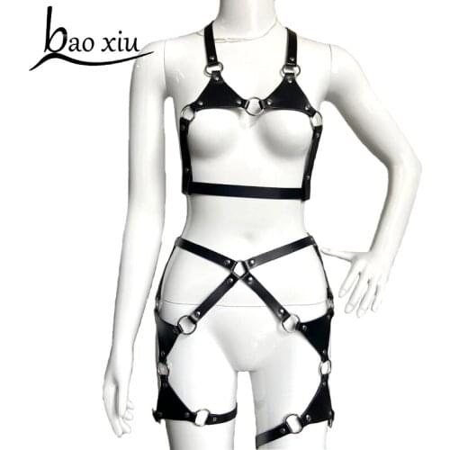2PCS Set Bondage Harness Woman Stocking Belt Gothic Body Punk Sexy Lingerie Seks Leather Waist To Leg Harness Thigh Garters Belt
