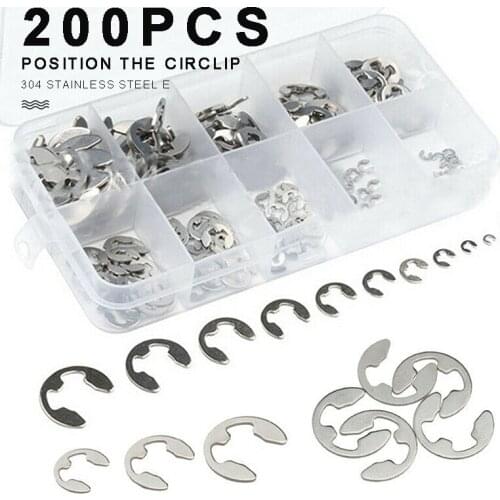 200pcs E-clip Circlip Washer Assortment Kit Stainless Steel Clip Washer Circlip Retaining Ring Kit for Shaft Clamp