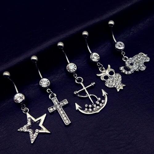 5pcs 2017 new arrivals clear crystal cross star owl anchor Elephant dangling navel belly bar button rings body piercing jewelry