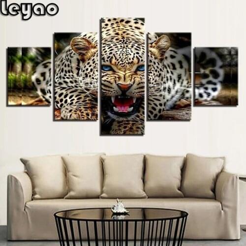 Diamond Painting Ferocious Leopard 5 Piece Cross Stitch Diamond Embroidery Mosaic Animals Sale Rhinestones Art Gift Multi Panel