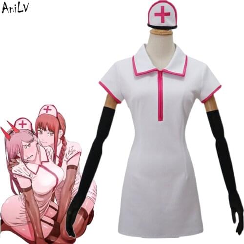 AniLV Japanese Anime Chainsaw Power Man Makima Cosplay Costume Nurse Uniform Set Hat Dress Gloves Garter socks