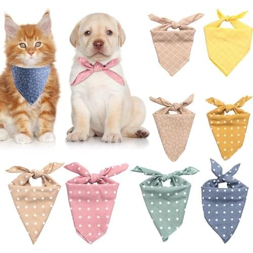 Pet Bandanas Plaid Dots Style Cotton Washable Dog Bandanas Scarf Bowties Collar Pet Square Bib For Puppies Kittens