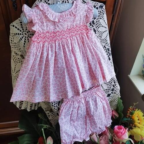 Baby girl summer Spanish smocking princess dress kids cotton short sleeve floral dress