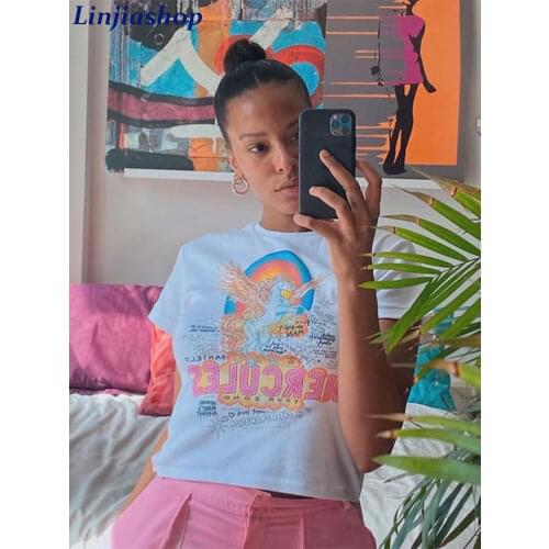Linjiashop Fashion T-shirts girl high quality soft cotton fabric summer women tees streetwear easy fit femme vestidos