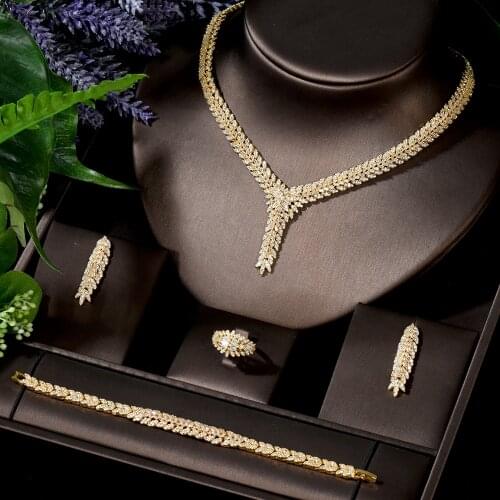 HIBRIDE DUBAI 4pcs Geometry Bridal Zirconia Necklace Earring Sets For Women Dress Accessories parrure bijoux femme mariage N-245