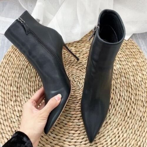 Hot Selling Black Ankle Boots Pointy Toe Zipper Stiletto Heel Short Bootie Fashion High Heel Party Dress Shoes Size 42 Drop Ship