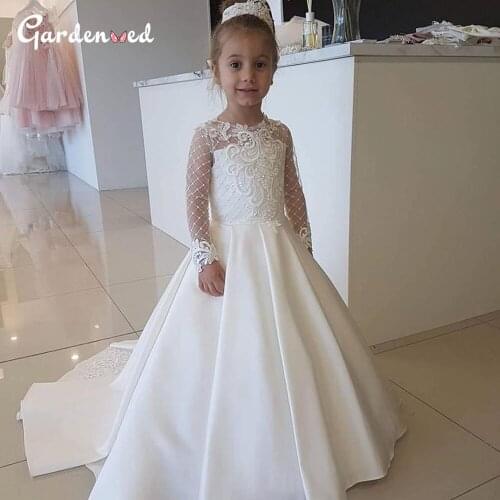 Lace Communion Dresses Illusion Sleeves Button Back Flower Girl Dresses Elegant Ivory Girl Princess Dress Baby Girl Dress