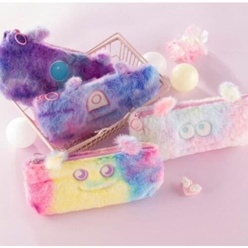 Korea ins cute little monster gradient Plush pencil bag student girl heart stationery bag large capacity storage bag
