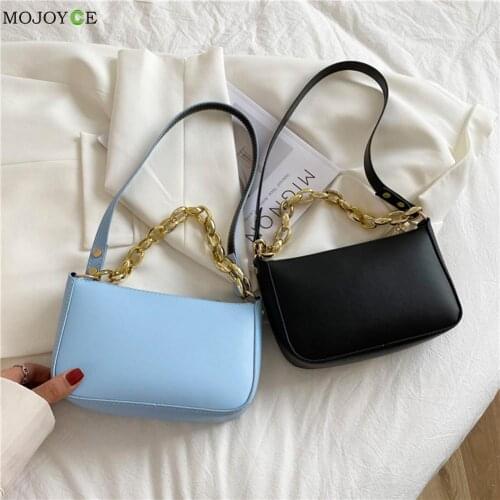 Fashion Women Pure Color PU Leather Shoulder Underarm Bag Casual Ladies Thick Chain Small Handbags