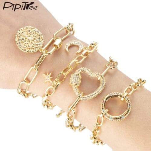 Pipitree Fashion Cubic Zirconia Heart Life Tree Moon Star Charm Bracelet Copper Thick Chain Bracelet Women Jewelry Pulsera Femme