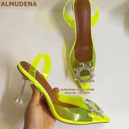 ALMUDENA Neon Yellow Clear PVC Pumps Bling Bling Crystal Beaded Floral Wedding Shoes Slingback Banquet Pumps Dropship Shoes