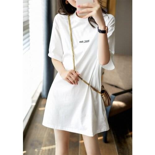 2021 Summer New Korean Short-sleeved Student Loose Round Neck Mid-length T-shirt Women Letter Embroidery Ins Shirt Women