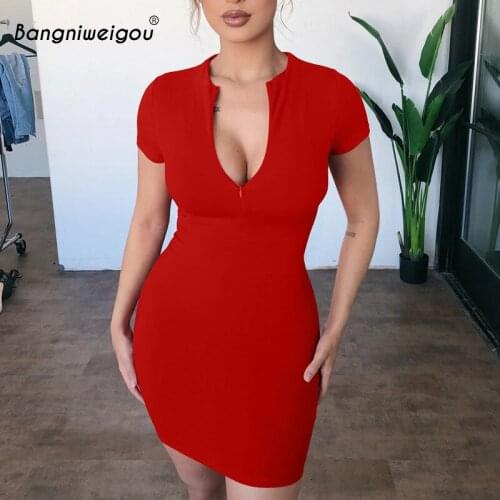 Bangniweigou Zip Up V Neck Casual Bodycon Solid Dress Summer Short Sleeve Mini Dress Clubwear Black Red Yellow