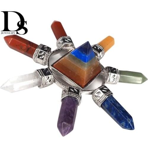 Natural Crystal Semi-gemstone Amethyst Quartz Pyramid 7 Chakra Set Prism Wands Points Healing Energy Collection Generator Reiki