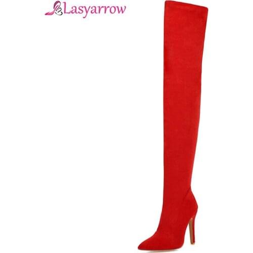 Lasyarrow Large Size 32-48 Brand Thigh High Boots Flock Pointed Toe Shoes Woman Sexy Thin High Heels Over The Knee Boots Women