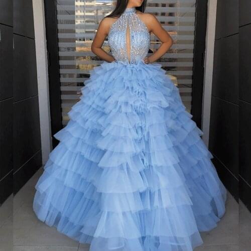 SuperKimJo Blue Ball Gown Prom Dresses Robe De Soiree Crystals High Neck Tiered Beaded Prom Gown Vestido De Fiesta