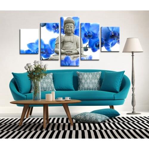 Blue Flowers and Statue Buddha Paintings for Living Room Wall Oil Painting Buddha Canvas Art 5 panel Printed Pictures Unframed