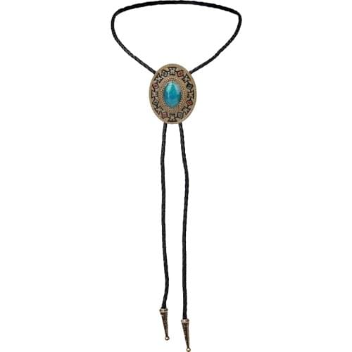 Oval Turquoise Bolo Tie Wedding Necklace Western Cowboy 40" Leather Rope