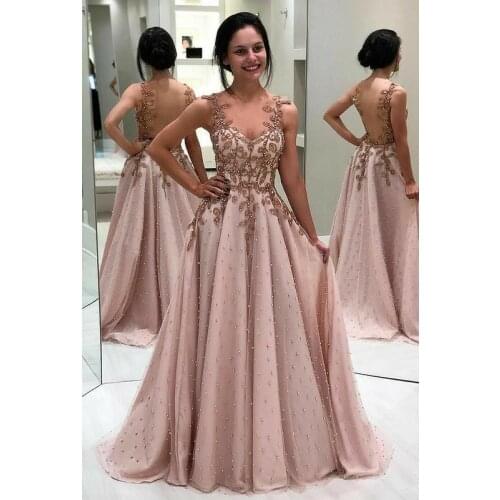 VKBRIDAL Womens Long Dusty Rose Beaded Prom Dresses Maxi A-Line V-Neck Sexy Back Formal Evening Homecoming Party Gowns
