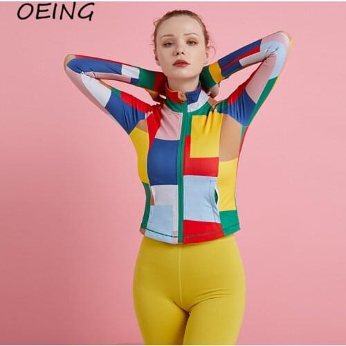 2021 Yoga Exercise Jacket Women Gym Clothes Plaid Colorful Patchwork Training Jackets Workout Jogging Coat