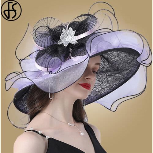 FS Wide Brim Big Hats For Women Sun Hats Summer White Fedora Organza Party Hat Wedding Ladies Church Kentucky Derby Dress Cap