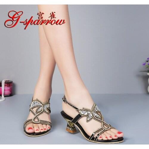 G-sparrow 2019 Summer Womens Sandals Black Chunky Open Toe High Heel Diamond Rhinestone Wedding Shoes For Bride Sandal
