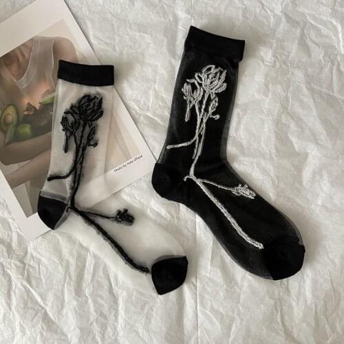 Retro Art Flower Transparent Socks Women Summer Crystal Silk Ultra Thin Socks Harajuku Girls Elastic Short Socks Female Sox