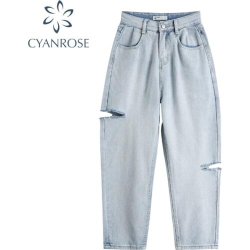Women Jeans Ripped Leisure Loose High Full Length Waisted Wide Leg Vintage Korean Style Chic Streetwear loose Pants Autumn 2020