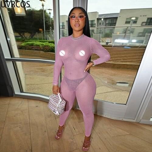 UVRCOS See Through Jumpsuit 2021 Fashion Long Sleeve Sexy Outfits For Woman Night Club Hot Cyber Y2K Rompers Womens Rave Clothes