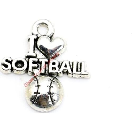 10pcs Antique Silver Plated I Love Softball Charm Pendants for Bracelet Necklace Jewelry Making DIY Handmade Craft 20x20mm