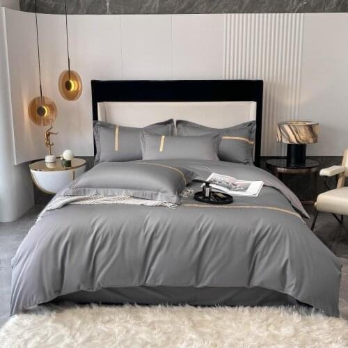 800TC Egyptian Cotton Simple Line Embroidery Duvet Cover set White Gray Silky Ultra Soft Bedding Set Bed Sheet Pillow shams