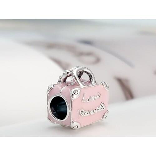 Authentic 925 Sterling Silver Bead Creative Enamel Pink Travel Bag Beads Fit Original Pandora Bracelet For Women Diy Jewelry