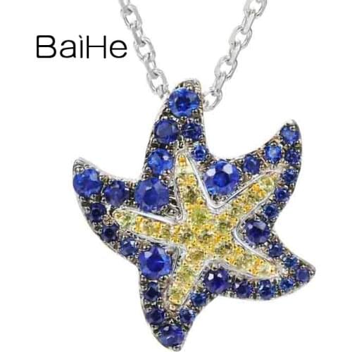 BAIHE Solid 18K White Gold Natural Sapphire Yellow Sapphire Fine Jewelry Pendant Necklaces Women Starfish Necklace Wedding Gift