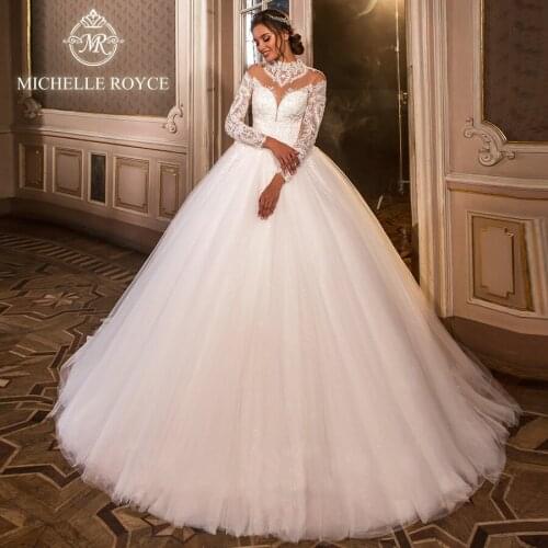 Michelle Royce Ball Gown Wedding Dresses 2020 High Appliques Palace Dream Button Chnapel Train Bridal Gowns Vestido De Noiva