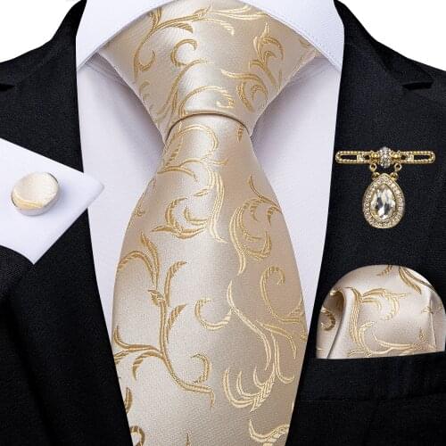 Beige Floral Tie Set Business Wedding Neck Tie Pocket Square Yellow Mens Ties Cufflinks Accessories Brooch Gift For Men DiBanGu
