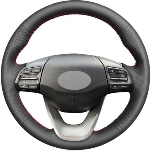 Black PU Faux DIY Hand-stitched Car Steering Wheel Cover for Hyundai Kona 2017 2018 2019