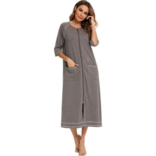 Breathable Pajamas For Women Round Neck Nightgown Short-Sleeved Zipper Pajamas Casual Nightdress Large Size