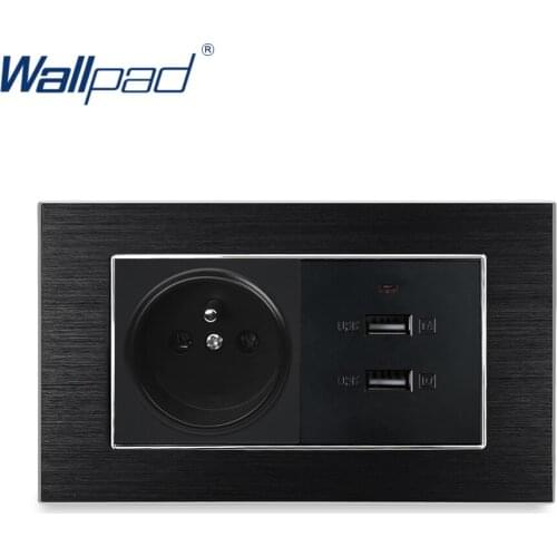 EU French Socket With 2 USB Charger Wallpad Luxury Wall Outlet Satin Metal Panel 146*86mm 5V 2100MA