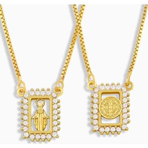 FLOLA Gold Virgin Mary Necklace For Women CZ Rhinestone Suqare Pendant Necklace Protection Jewelry virgen de guadalupe nkeu62