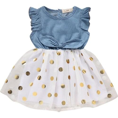 Focusnorm Summer Toddler Girl Dress Princess Floral Off Shoulder Sleeveless Denim Dress Dot Print Lace Tulle Sundress US