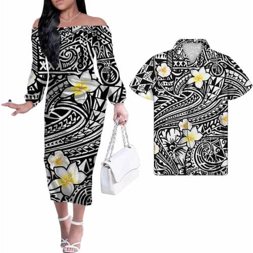 HYCOOL Hot selling Party Clothes Women Polynesian Print Black Sexy Off Shoulder Dress SummerGirls Elegant Long Sleeve Maxi Dress