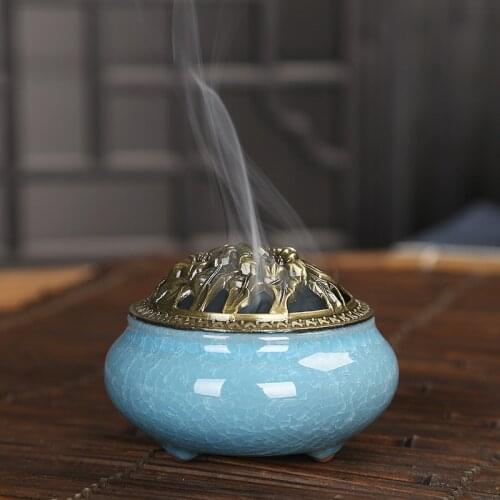 Ceramic Censer Creative Home Decor Celadon Ceramic Burner Copper Cover Ice Cracker Incense Cones Burner Stick Burner