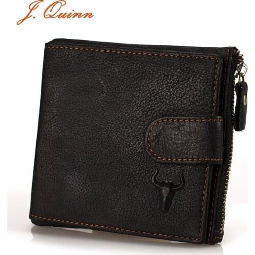 J.Quinn Short Wallets Bifold Wallet Mens Genuine Leather Brown Soft Zipper Hasp Vintage Men Wallet Coin Pockets Brand Designer