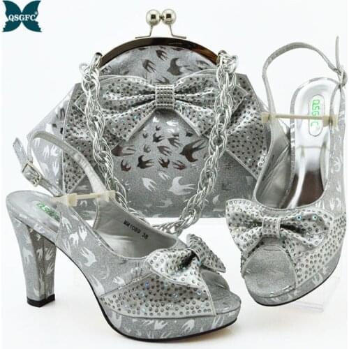Lastest 2021 Italian Design Butterfly-Kont Decoration Style High Heels Party Women Shoes and Bag Set in SIlver Color for Party