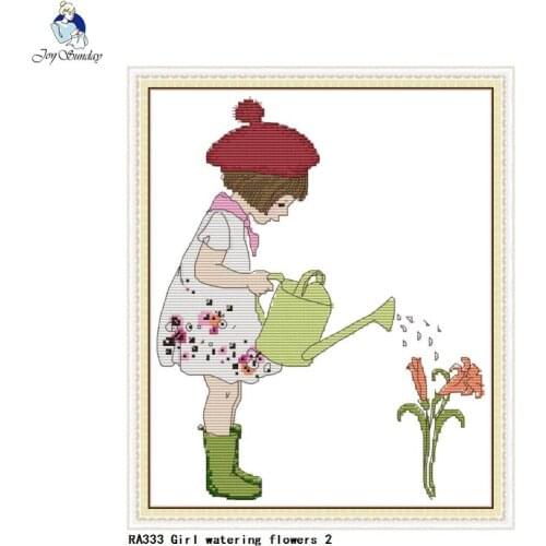 Joy Sunday Cross Stitch Kit Watering Little Girl 14ct 11ct Count Print Canvas Embroidery DIY Hand Needlework Decorative Painting